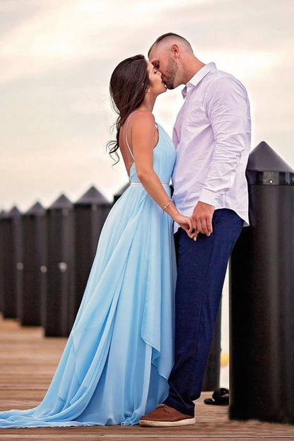 V-Neck Light Blue Backless Prom Dresses, Light Blue Long Formal Bridesmaid Evening Dresses, BD23031215