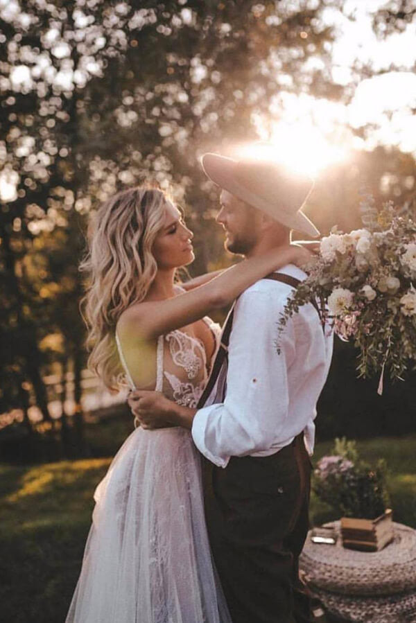 Boho Tulle Lace Wedding Dress with Sweep Train, Feather Details, and A-Line Silhouette, WD23022365