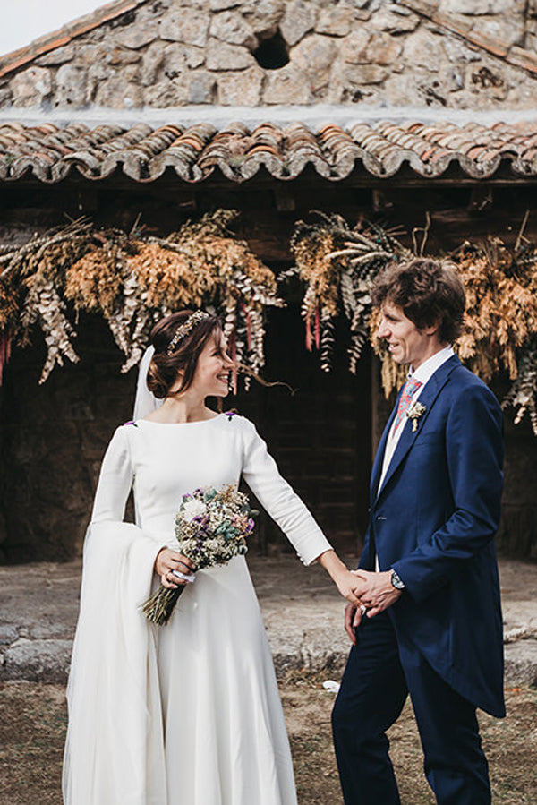 Simple Ivory A-Line Wedding Dress with Cornflower Embroidery and Long Sleeves, WD2303256