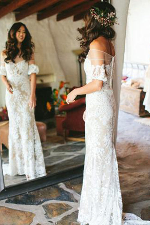 Off-the-Shoulder White Lace Wedding Dress with Half Sleeves, WD2302286