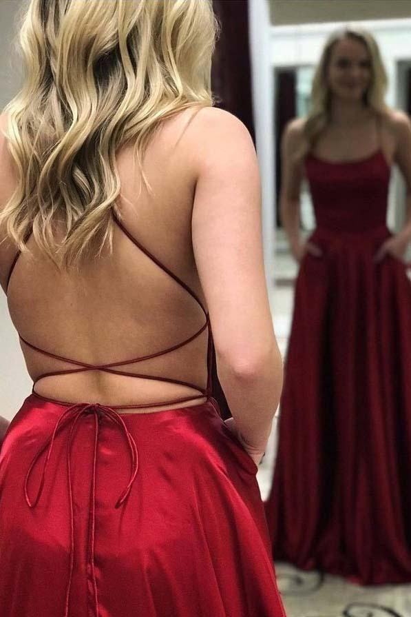 Red Halter Backless Lace-Up A-Line Elastic Satin Prom, PD2303289