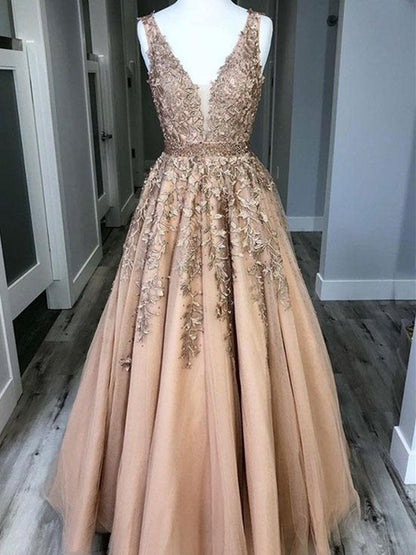 Classy A-Line Champagne Lace Dress with V-Neck, Suitable for Proms, Formal Events, Graduations, and Weddings, WD23022429