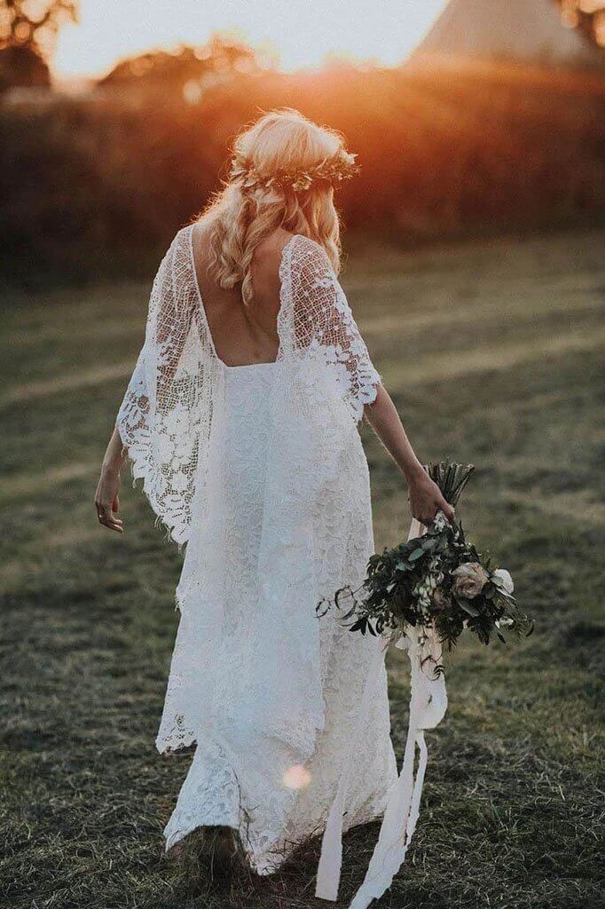 Ivory Lace Boho Sheath Wedding Dress with Batwing Sleeves, WD23022333