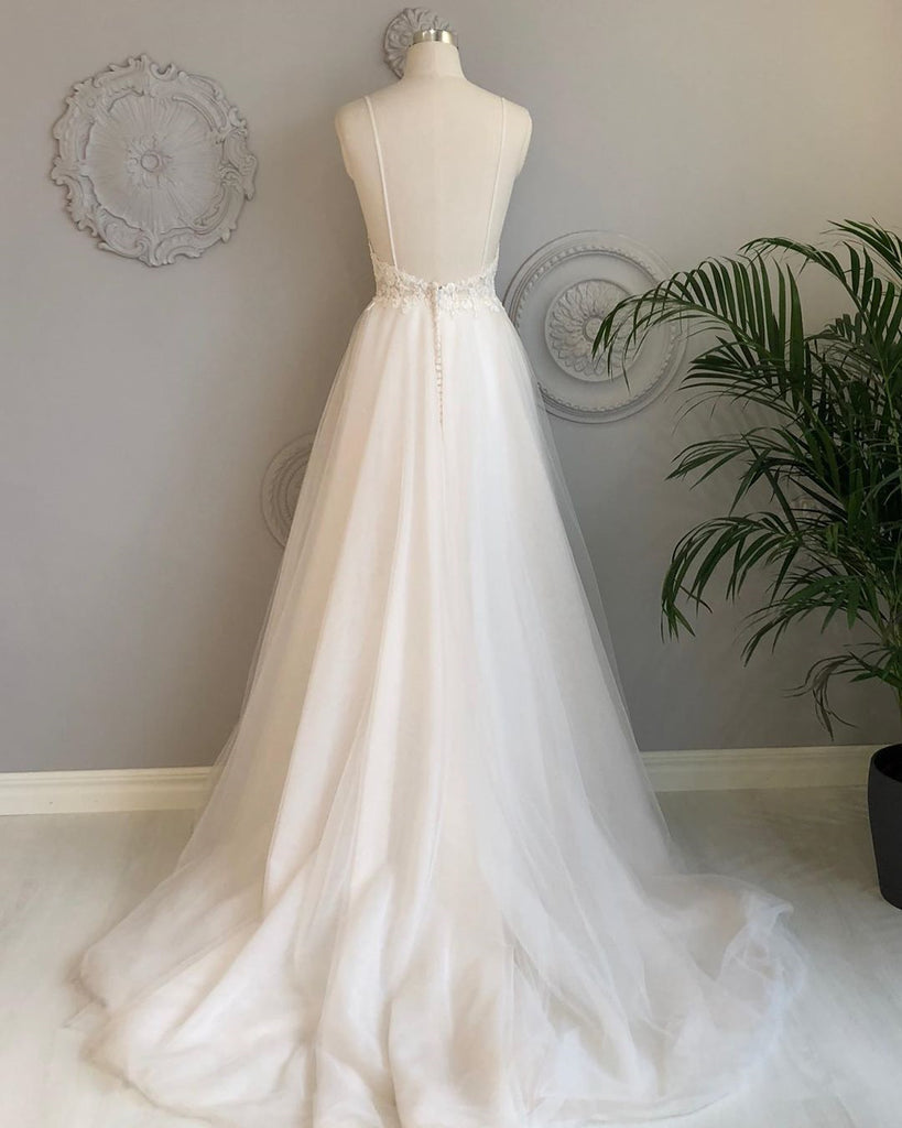 Stunning A-Line White Lace Dress with V-Neck and Backless Design, Perfect for Weddings, Proms, and Bridesmaids, WD23022432