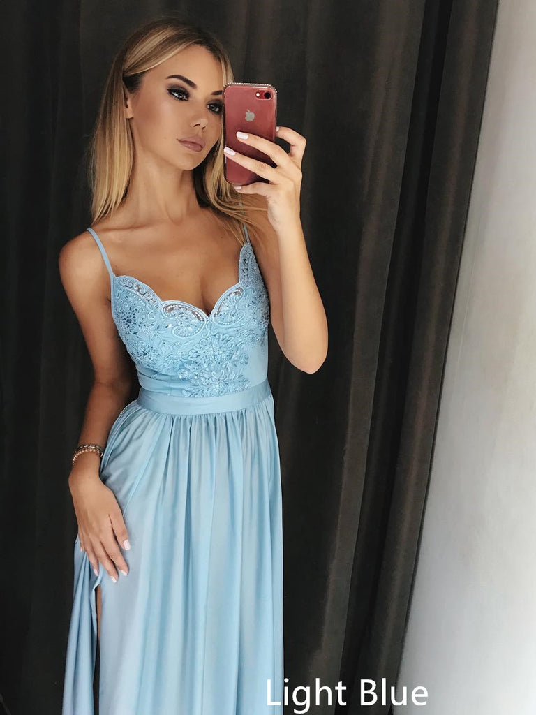 Blue V-Neck Lace Prom Dress, Formal Evening Bridesmaid Dress, BD2303113