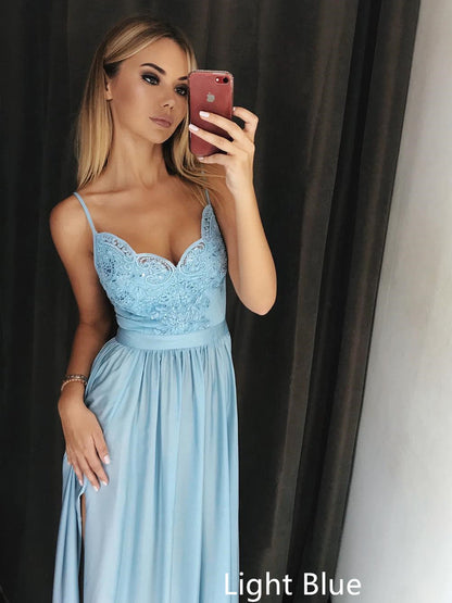 Blue V-Neck Lace Prom Dress, Formal Evening Bridesmaid Dress, BD2303113