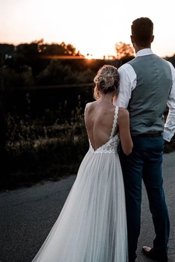 Low V-Back Ivory Tulle Bridal Gown with Lace Bodice, WD2303250