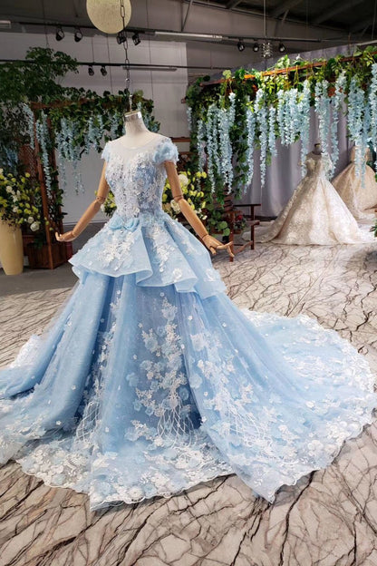 Light Sky Blue Floral Ball Gown Dress with Beads, PD23022220