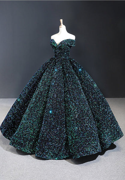 Glittering Dark Green Ball Gown - Floor Length Prom Dress, PD23022216