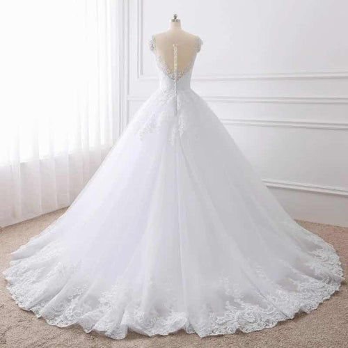 White Lace Wedding Dress with Cap Sleeves and Scoop Neckline , WD23022379