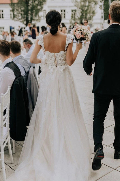 Tulle Wedding Dress with Off-the-Shoulder Neckline, A-line Silhouette, and Sweep Train, WD23022819