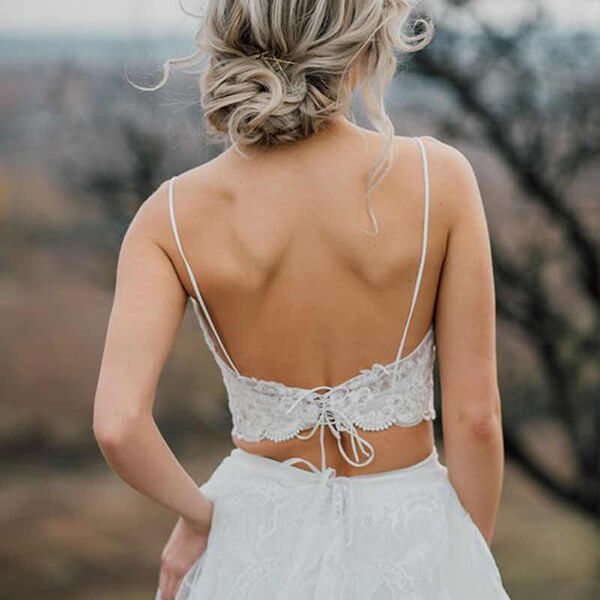 Boho Two-Piece Lace Wedding Dress with Spaghetti Straps and Crop Top, WD2302242