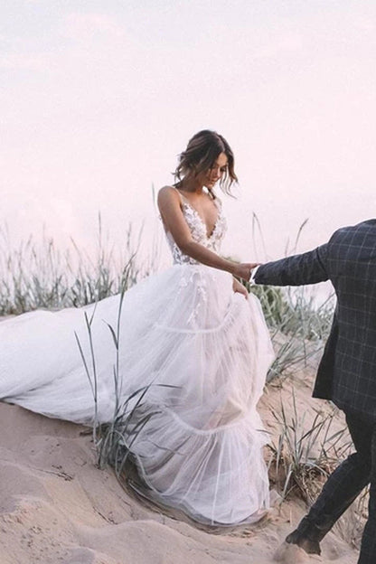 Ivory Lace Ball Gown with Deep V-Neck and Layered Tulle Skirt, WD2303235