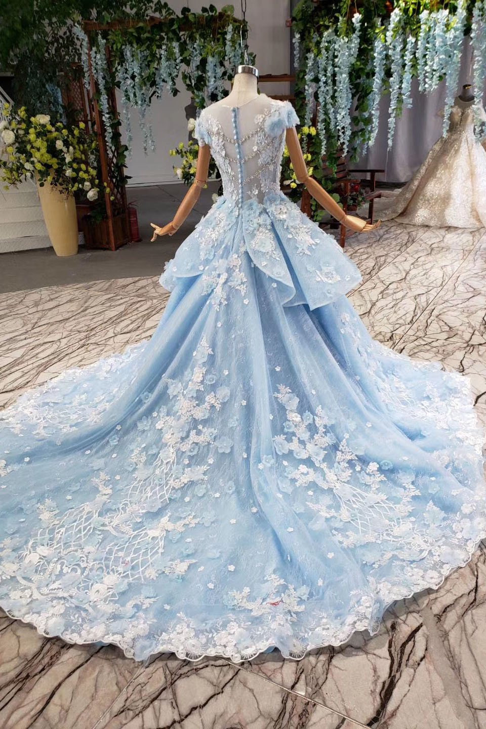 Light Sky Blue Floral Ball Gown Dress with Beads, PD23022220