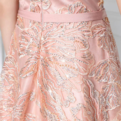 Pink Applique Sequins Long Prom Dresses Cap Sleeve Evening Dresses A-Line Formal Dresses