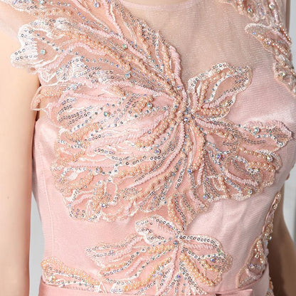 Pink Applique Sequins Long Prom Dresses Cap Sleeve Evening Dresses A-Line Formal Dresses