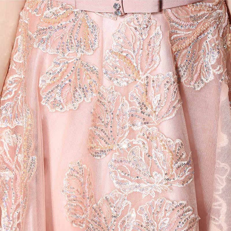 Pink Applique Sequins Long Prom Dresses Cap Sleeve Evening Dresses A-Line Formal Dresses