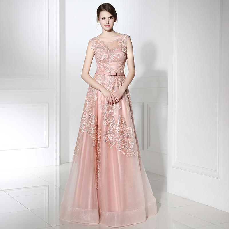 Pink Applique Sequins Long Prom Dresses Cap Sleeve Evening Dresses A-Line Formal Dresses