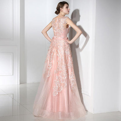Pink Applique Sequins Long Prom Dresses Cap Sleeve Evening Dresses A-Line Formal Dresses