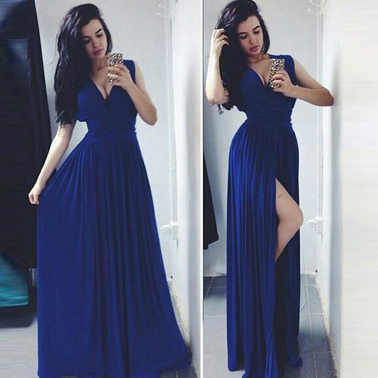 v-neck royal blue chiffon side slit long prom dress, PD5454