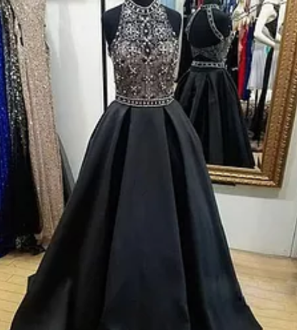 formal black satin beaded top long prom dress, PD5788