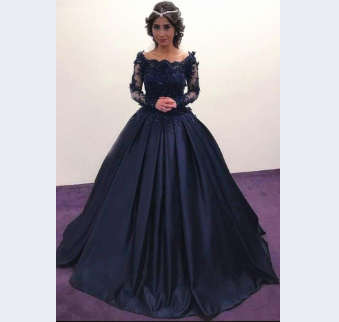 modest dark navy A-line long sleeves prom dress, BD752