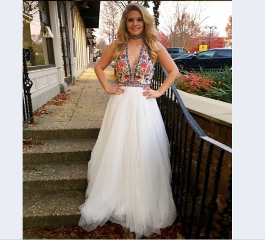 charming beaded top v-neck long white tulle prom dress, PD4155