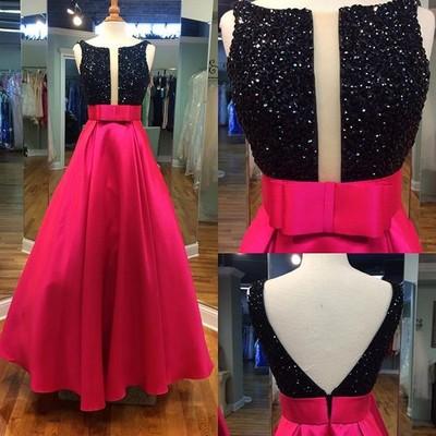 red A-line satin black beading top long prom dress, PD12540