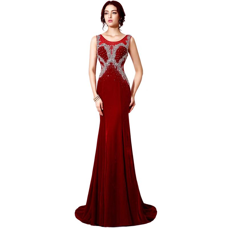 Red Beaded Long Prom Dresses Velvet Evening Dresses Mermaid Formal Dresses