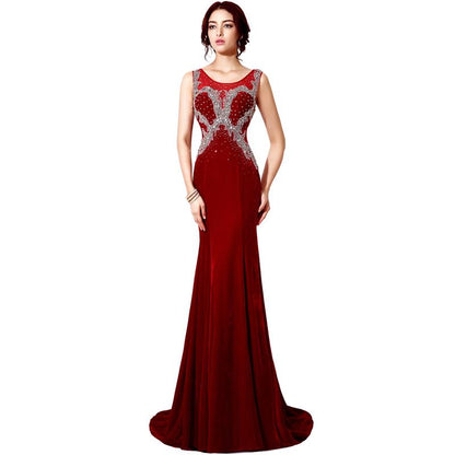 Red Beaded Long Prom Dresses Velvet Evening Dresses Mermaid Formal Dresses
