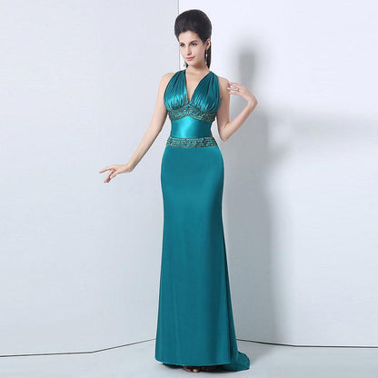 Stylish V-Neck Long Prom Dresses Beaded Mermaid Evening Dresses Backless Formal Dresses