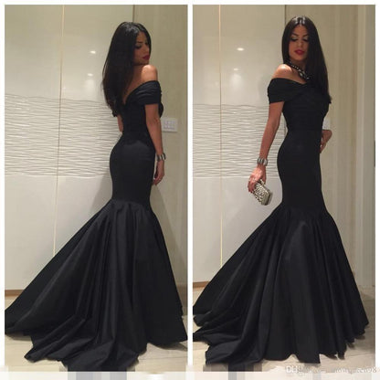 formal elegant off shoulder mermaid long black evening dress, BD6448