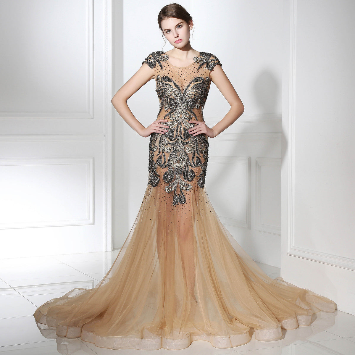 Sexy Applique Beaded Long Prom Dresses Mermaid See Through Evening Dresses Cap Sleeve Formal Dresses