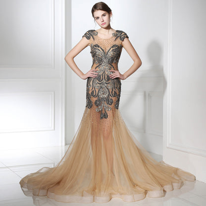 Sexy Applique Beaded Long Prom Dresses Mermaid See Through Evening Dresses Cap Sleeve Formal Dresses