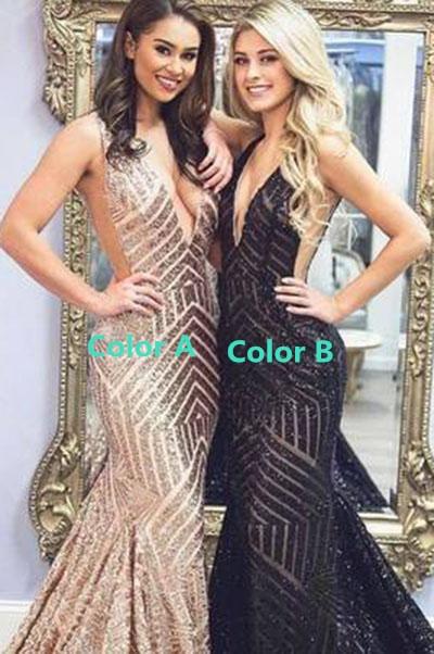 Sexy Deep V-Neck Rose Gold Sequins Mermaid Black Long Backless Prom Dresses