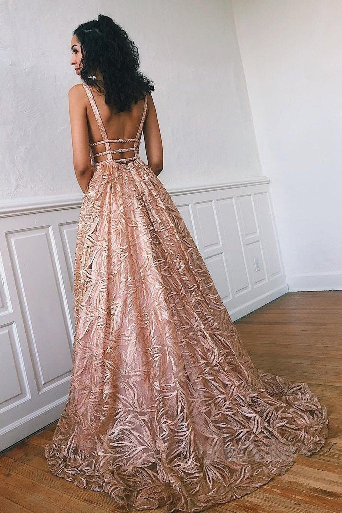 Simple Lace Open Back Evening Dresses, A Line Deep V Neck Long Prom Dresses