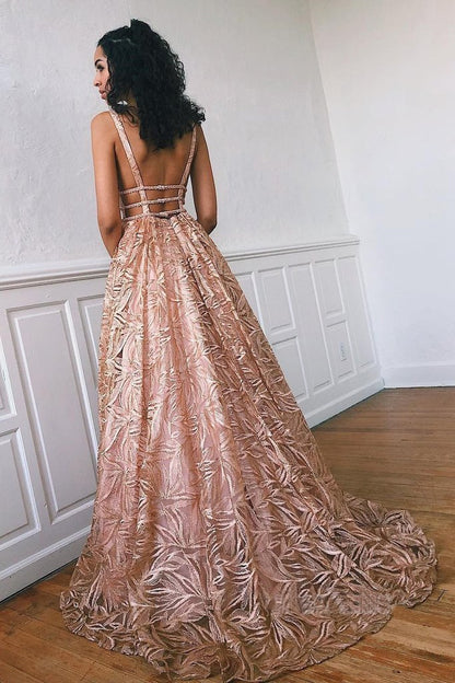 Simple Lace Open Back Evening Dresses, A Line Deep V Neck Long Prom Dresses