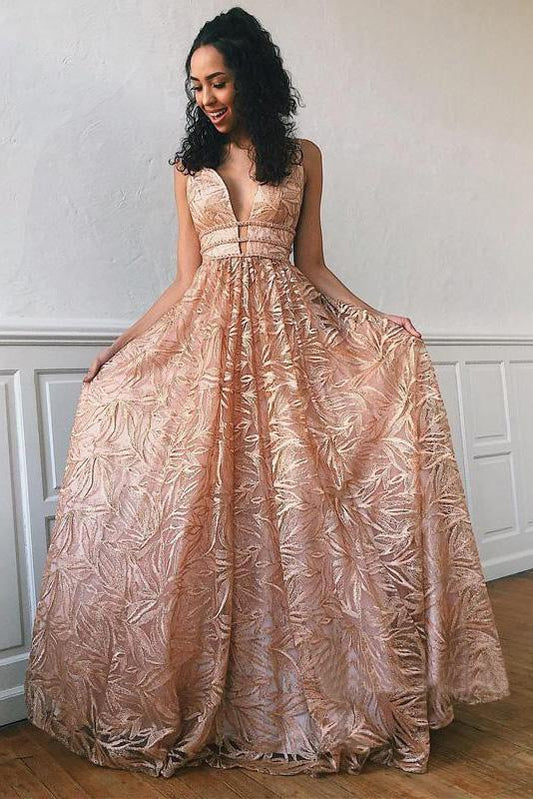 Simple Lace Open Back Evening Dresses, A Line Deep V Neck Long Prom Dresses