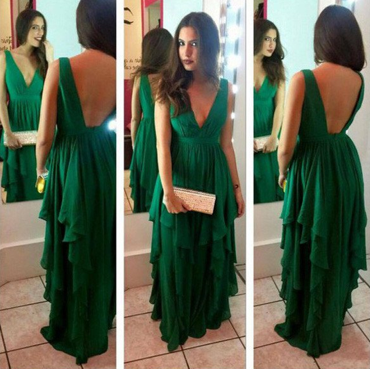 formal green chiffon v-neck backless long prom dress, PD9884
