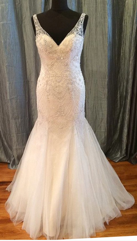 Charming Long Beaded V-Neck White Tulle Backless Mermaid Wedding Dress ...