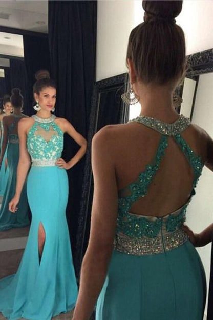 blue prom dress, long prom dress,charming prom dress, mermaid prom dress, side slit evening dress, BD83