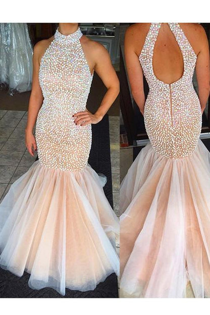 high neck prom dress, long prom dress,charming prom dress, mermaid prom dress,beaded evening dress, BD82