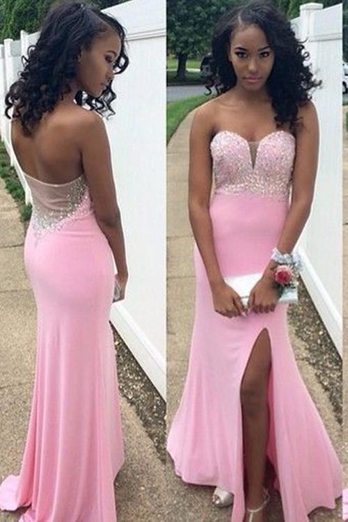 pink prom dress, long prom dress, side slit prom dress, strapless prom dress, charming evening gown, BD49