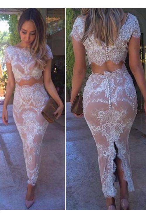 two pieces prom dress, lace prom dress,short sleeves prom dress, charming party dress, tea-length party dress, BD52