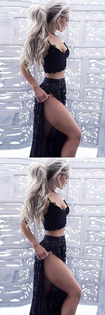 Two Piece Spaghetti Straps High Split-Side Black Sequined Appliques Prom Dresses