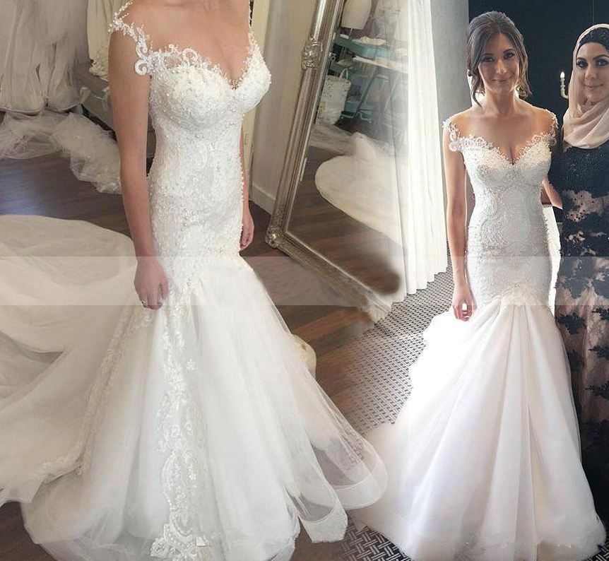 charming long train white beaded long mermaid lace wedding dress, WD102