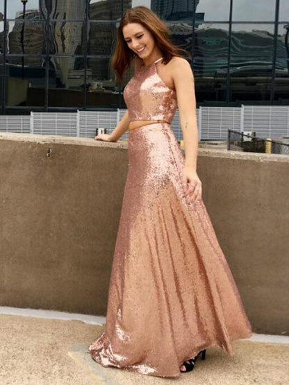 sparkle two pieces rose gold sequin long prom dress, PD12125