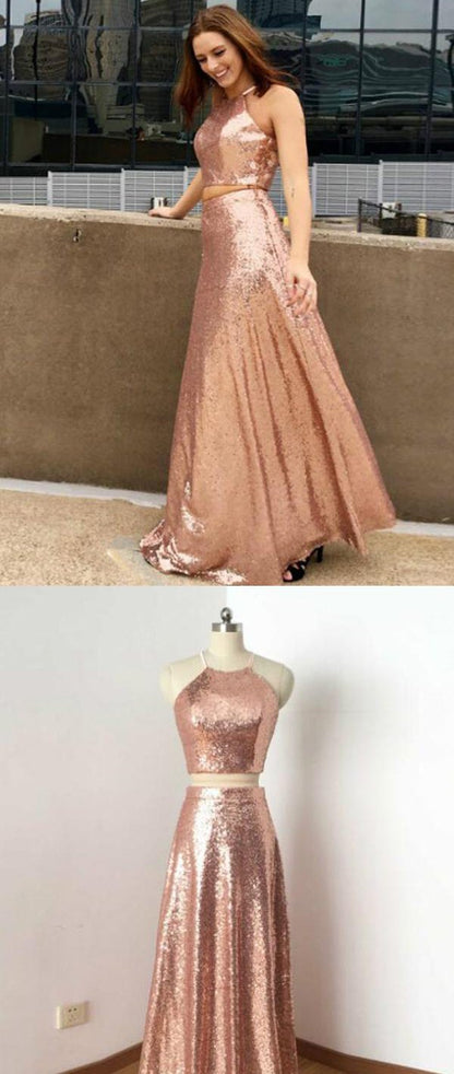 sparkle two pieces rose gold sequin long prom dress, PD12125