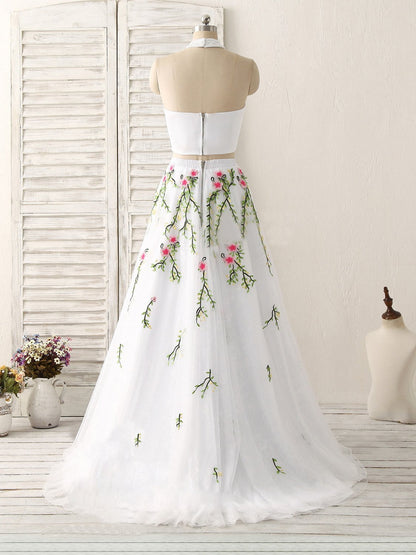 white two pieces halter fluffy tulle floral prom dress, PD5847