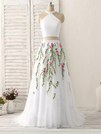 white two pieces halter fluffy tulle floral prom dress, PD5847